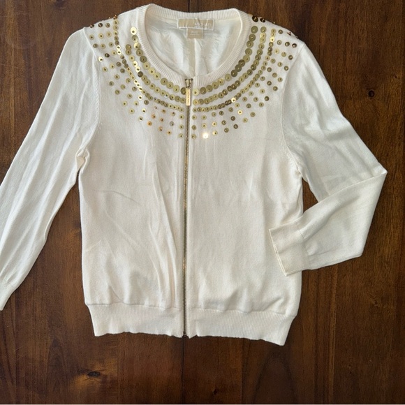 Michael Kors Cardigan Sweater Gold Sequin Cream Cotton Lined Zip Front S / P - Picture 2 of 11